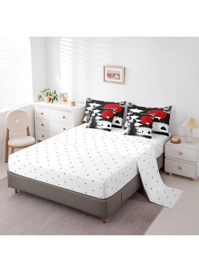 Feelyou - Feelyou Samurai Queen Size Comforter Set 7 Pieces for Boys Girls Kids Sunset Bed in a Bag with Comforter, Sheets, Pillowcases & Cushion Cover Red Sun Japanese Wave Japanese Ukiyoe Theme Bedding Set - Image 1