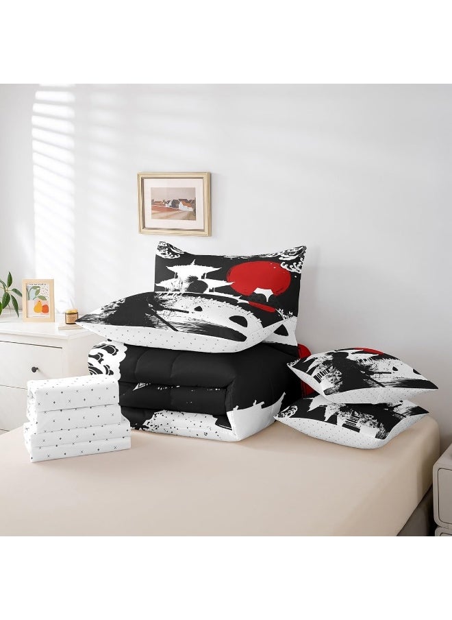 Feelyou - Feelyou Samurai Queen Size Comforter Set 7 Pieces for Boys Girls Kids Sunset Bed in a Bag with Comforter, Sheets, Pillowcases & Cushion Cover Red Sun Japanese Wave Japanese Ukiyoe Theme Bedding Set - Image 1