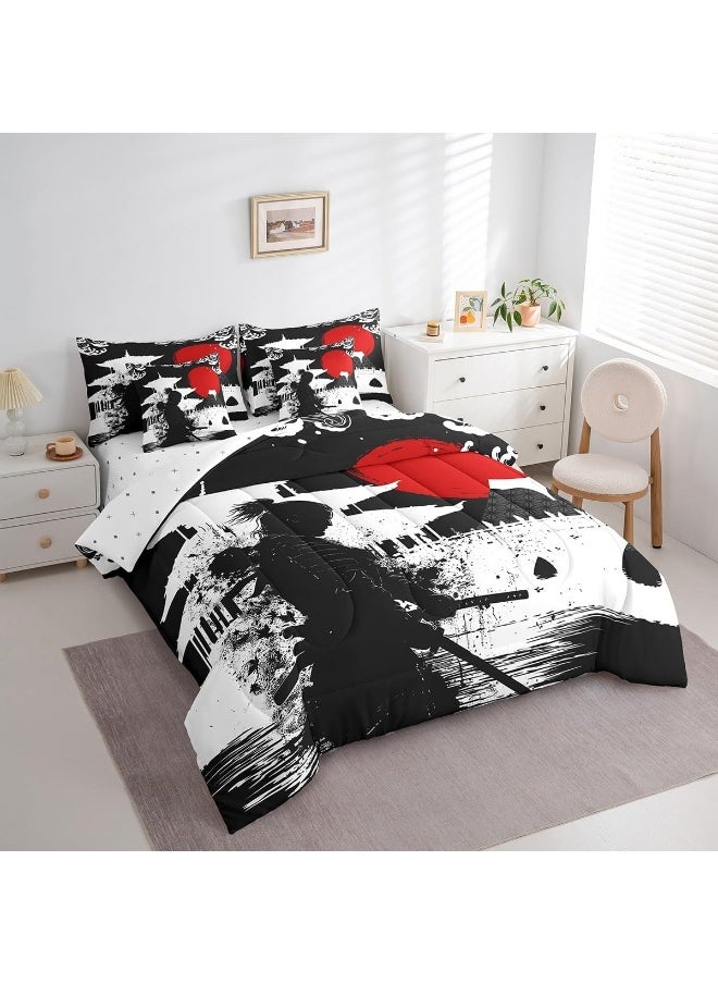 Feelyou - Feelyou Samurai Queen Size Comforter Set 7 Pieces for Boys Girls Kids Sunset Bed in a Bag with Comforter, Sheets, Pillowcases & Cushion Cover Red Sun Japanese Wave Japanese Ukiyoe Theme Bedding Set - Image 1