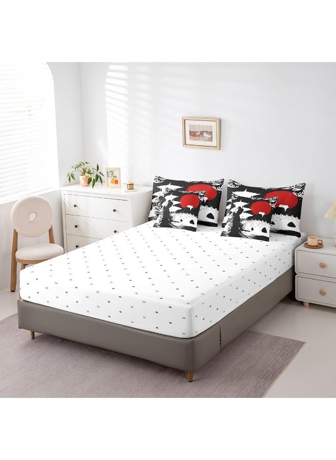 Feelyou - Feelyou Samurai Queen Size Comforter Set 7 Pieces for Boys Girls Kids Sunset Bed in a Bag with Comforter, Sheets, Pillowcases & Cushion Cover Red Sun Japanese Wave Japanese Ukiyoe Theme Bedding Set - Image 1