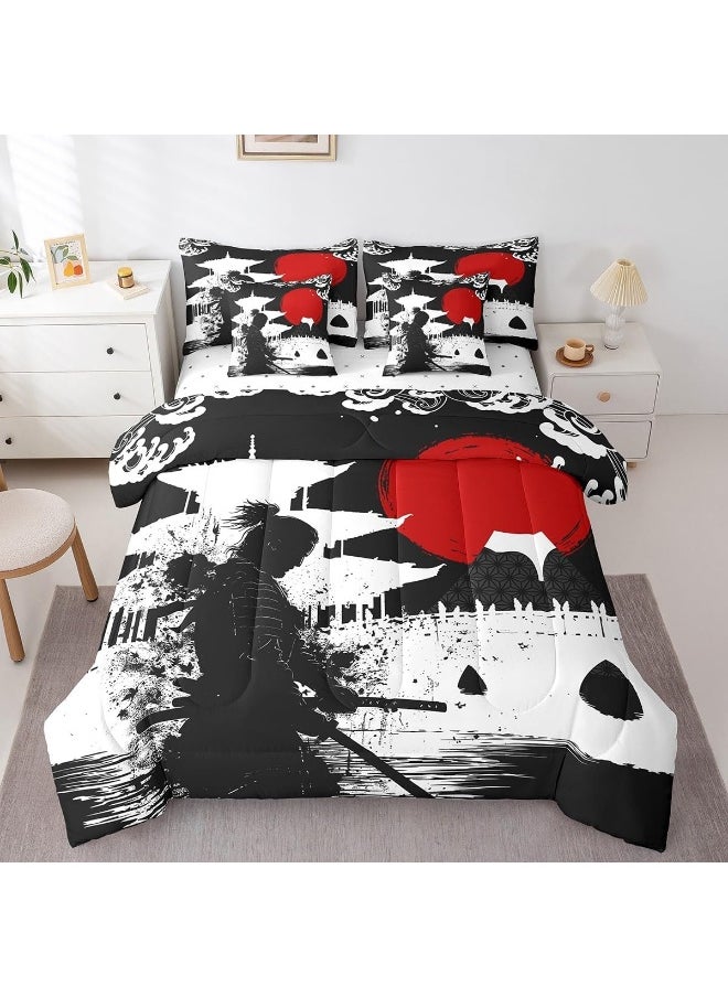 Feelyou - Feelyou Samurai Queen Size Comforter Set 7 Pieces for Boys Girls Kids Sunset Bed in a Bag with Comforter, Sheets, Pillowcases & Cushion Cover Red Sun Japanese Wave Japanese Ukiyoe Theme Bedding Set - Image 1