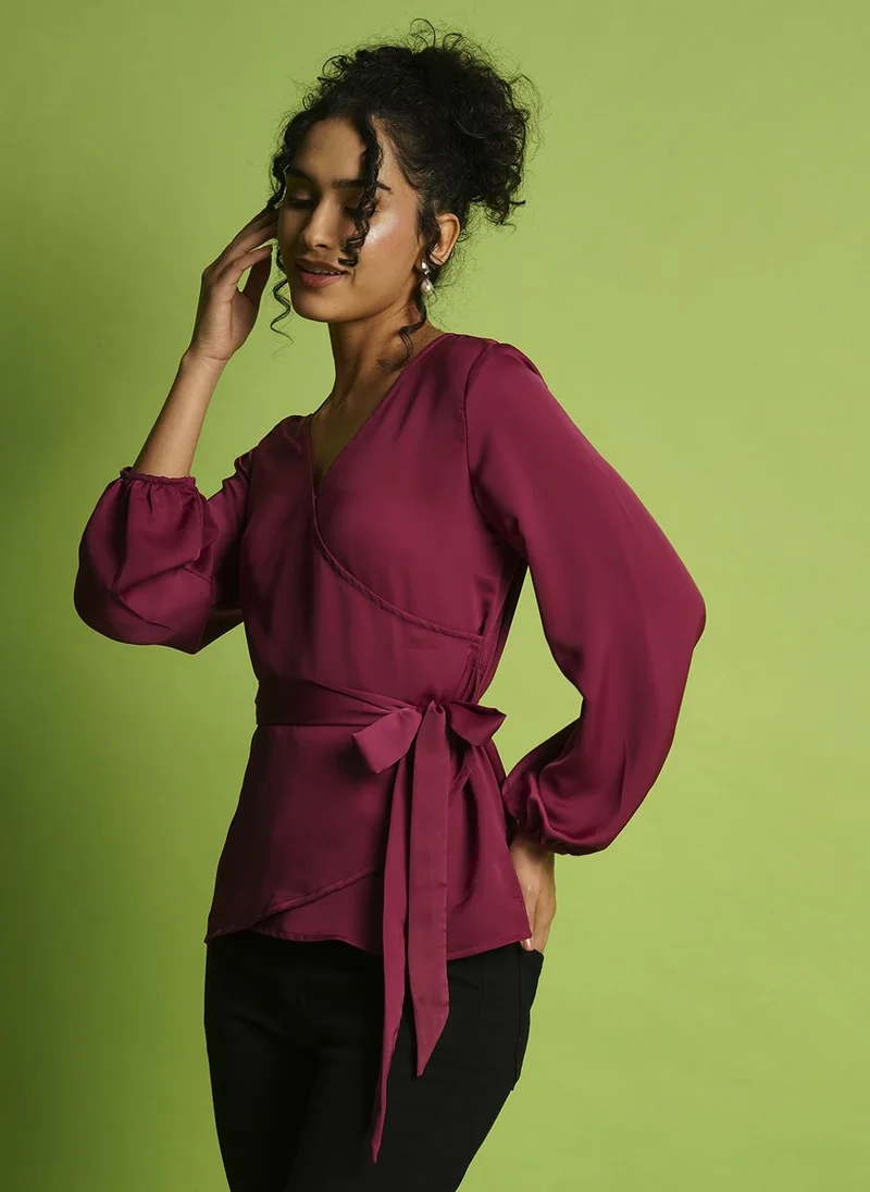 globus Globus Women Solid V-Neck Waist Tie-Ups Wrap Top