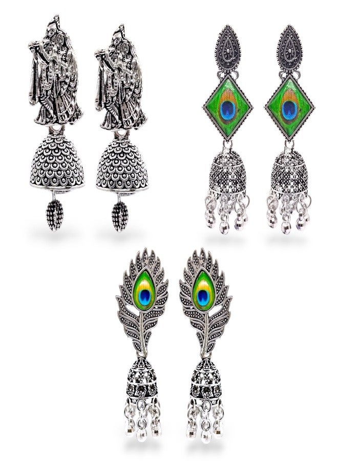 Elleva Peacock Earrings for Women and Girls Stylish Latest Oxidised Earrings Stylish Jhumkas Traditional Earrings For Girls South indian traditional Combo Set of 3 (Pack of 1) - Image 1