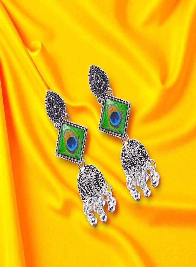 Elleva Peacock Earrings for Women and Girls Stylish Latest Oxidised Earrings Stylish Jhumkas Traditional Earrings For Girls South indian traditional Combo Set of 3 (Pack of 1) - Image 5