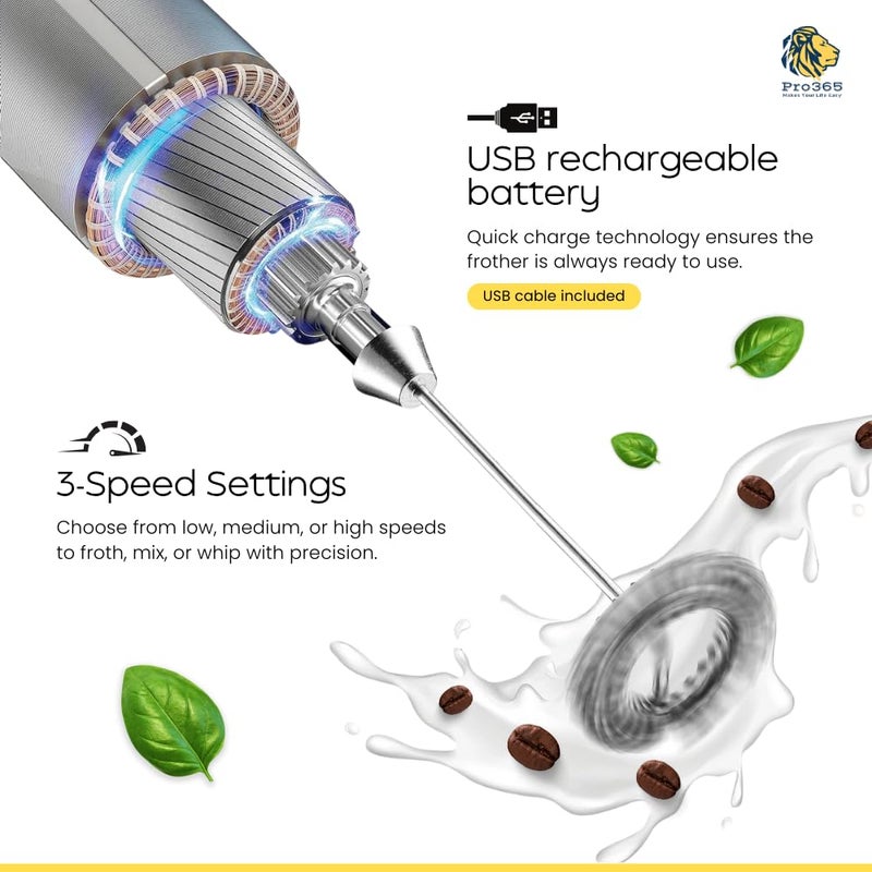 PRO365 PRO365 Quick Charge Portable 3Speed USB Electric Frother Dual Spring Stirrer Stainless Steel for Lattes Creamy Drinks Coffee Milkshakes ERecipe Book Included 1 Year Replacement Warranty - Image 2