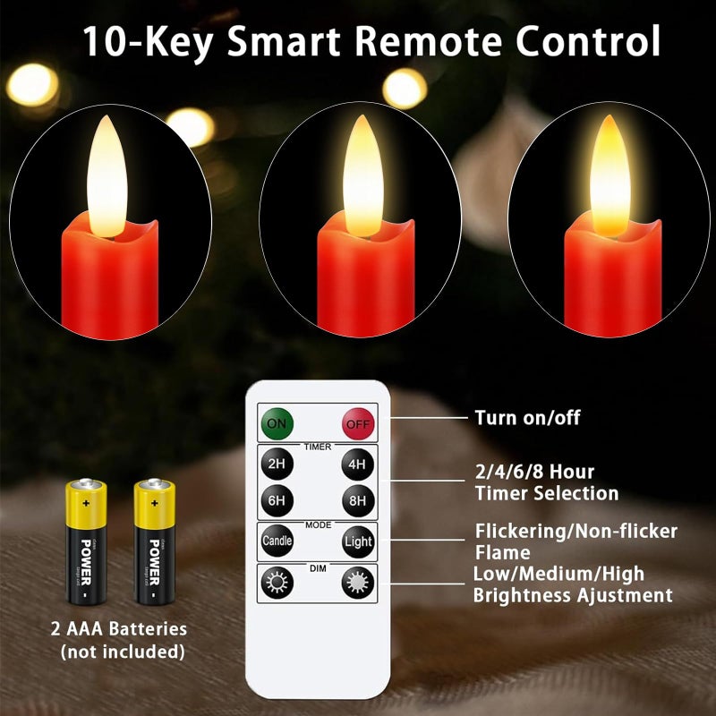 KSWING Upgraded Real Wax LED Flameless Red Taper Candles with Remote, 6 PCS Candlesticks Battery Operated 3D Flickering - 9.6" Long Realistic Fake Candle Sticks for Home/Wedding/Fireplace Xmas Decor - Image 3