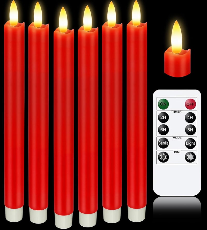 KSWING Upgraded Real Wax LED Flameless Red Taper Candles with Remote, 6 PCS Candlesticks Battery Operated 3D Flickering - 9.6" Long Realistic Fake Candle Sticks for Home/Wedding/Fireplace Xmas Decor - Image 1