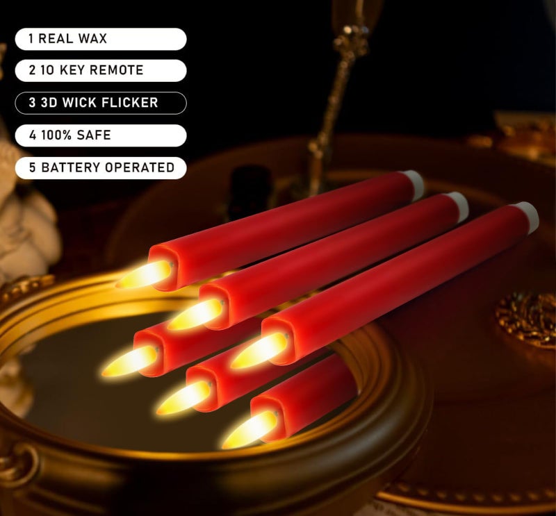 KSWING Upgraded Real Wax LED Flameless Red Taper Candles with Remote, 6 PCS Candlesticks Battery Operated 3D Flickering - 9.6" Long Realistic Fake Candle Sticks for Home/Wedding/Fireplace Xmas Decor - Image 4