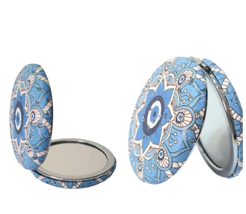 Portable Foldable Round Evileye Designer Mirrors with 2x1 Magnifying Glass Studded for Self Grooming Makeup Carry in Purses Handbags Gift Item  - Image 2