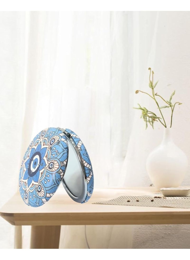 Portable Foldable Round Evileye Designer Mirrors with 2x1 Magnifying Glass Studded for Self Grooming Makeup Carry in Purses Handbags Gift Item  - Image 1