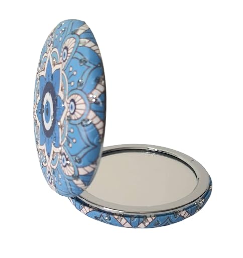 Portable Foldable Round Evileye Designer Mirrors with 2x1 Magnifying Glass Studded for Self Grooming Makeup Carry in Purses Handbags Gift Item  - Image 3