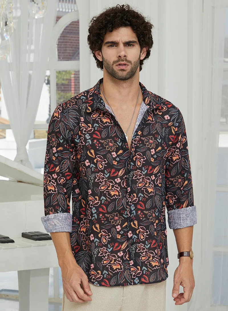 كامبوس سوترا قميص رجالي أسود أونيكس بنقوش نباتية تراثية للملابس الكاجوال