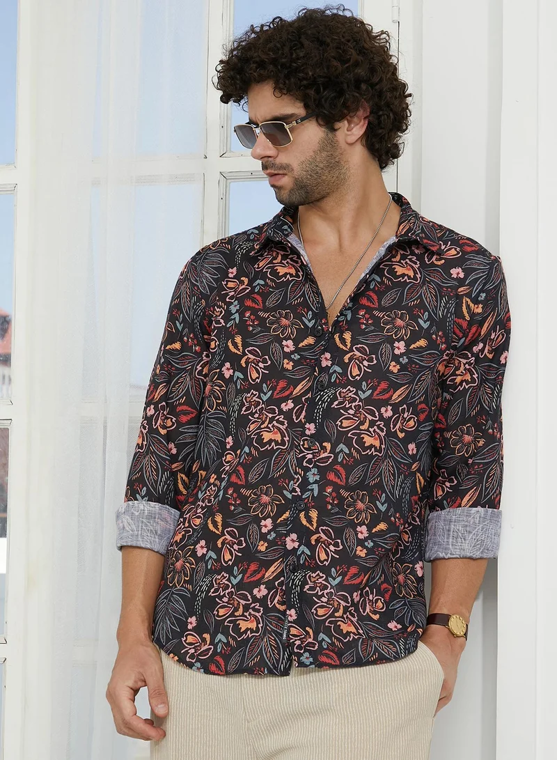 كامبوس سوترا قميص رجالي أسود أونيكس بنقوش نباتية تراثية للملابس الكاجوال