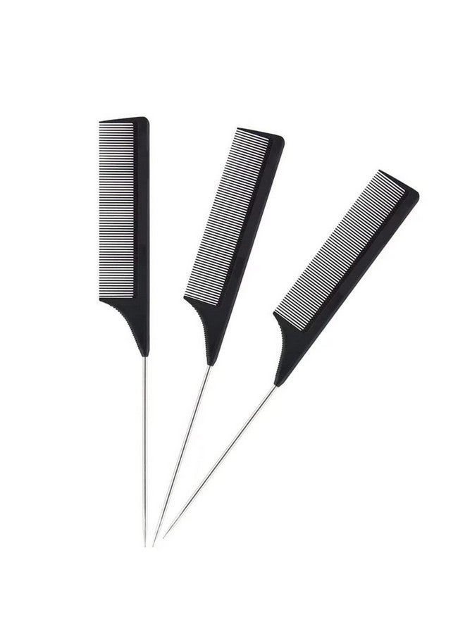 FEEL ME 1 Pack Professional Carbon Steel Tail Combs Heat Resistant with Metal Pick, Anti Static Black Styling Tail Hair Comb Fine Teeth, Metal Pintail Teasing Comb Brush - Image 3