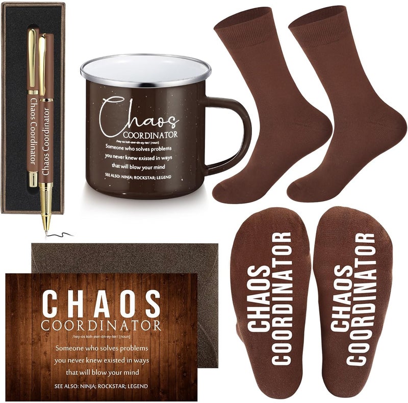 ReliThick 6 Pcs Fathers Day Chaos Coordinator Gifts for Man Included 12 oz Enamel Mug Chaos Coordinator Socks Ballpoint Pen with Pen Box Greeting Card Envelope Funny Office Boss Birthday GiftsBrown - Image 1