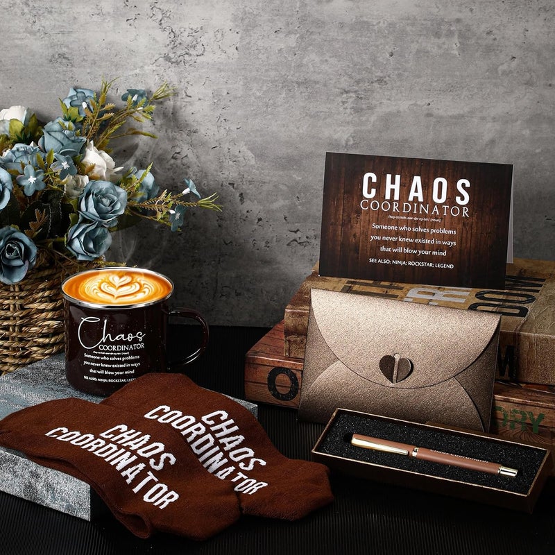 ReliThick 6 Pcs Fathers Day Chaos Coordinator Gifts for Man Included 12 oz Enamel Mug Chaos Coordinator Socks Ballpoint Pen with Pen Box Greeting Card Envelope Funny Office Boss Birthday GiftsBrown - Image 3