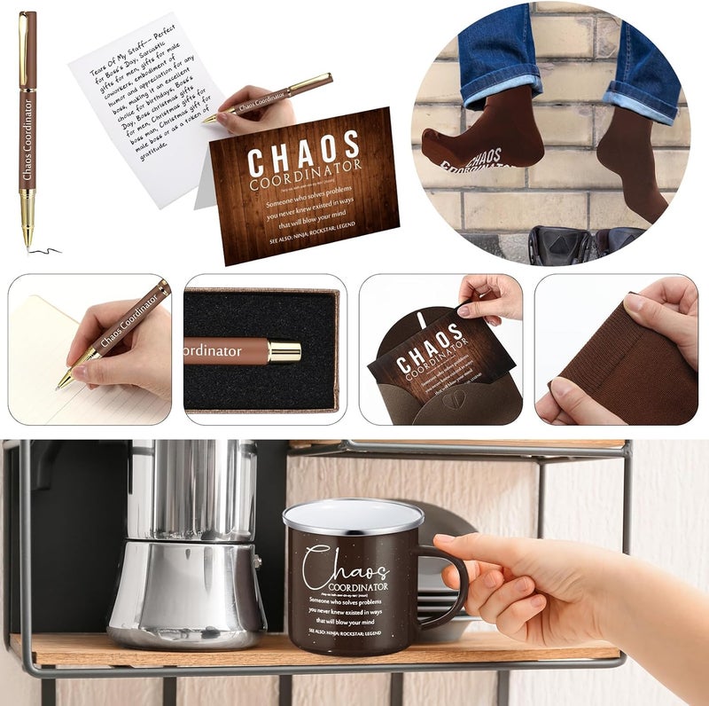 ReliThick 6 Pcs Fathers Day Chaos Coordinator Gifts for Man Included 12 oz Enamel Mug Chaos Coordinator Socks Ballpoint Pen with Pen Box Greeting Card Envelope Funny Office Boss Birthday GiftsBrown - Image 2