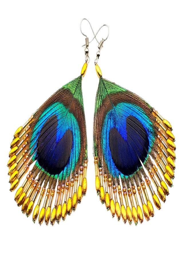 Swimmi Iridescent Peacock Feather Earrings, Hand Beaded Gold Color Beads Peacock Earrings for Women, Handmade Dangle Drop Feather Earrings Fashion Jewelry GA253 - Image 1