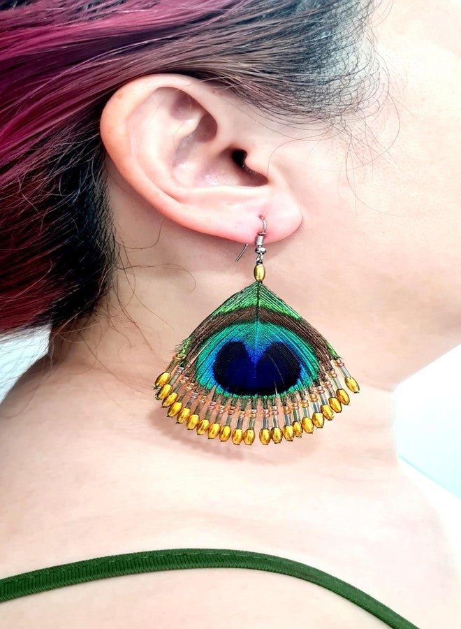 Swimmi Iridescent Peacock Feather Earrings, Hand Beaded Gold Color Beads Peacock Earrings for Women, Handmade Dangle Drop Feather Earrings Fashion Jewelry GA253 - Image 3
