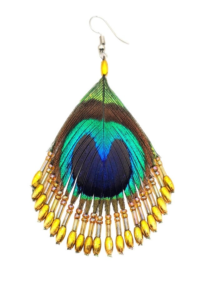 Swimmi Iridescent Peacock Feather Earrings, Hand Beaded Gold Color Beads Peacock Earrings for Women, Handmade Dangle Drop Feather Earrings Fashion Jewelry GA253 - Image 5