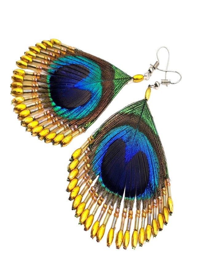Swimmi Iridescent Peacock Feather Earrings, Hand Beaded Gold Color Beads Peacock Earrings for Women, Handmade Dangle Drop Feather Earrings Fashion Jewelry GA253 - Image 4