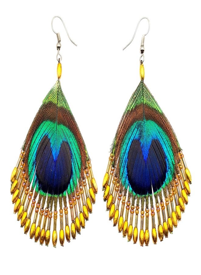 Swimmi Iridescent Peacock Feather Earrings, Hand Beaded Gold Color Beads Peacock Earrings for Women, Handmade Dangle Drop Feather Earrings Fashion Jewelry GA253 - Image 2