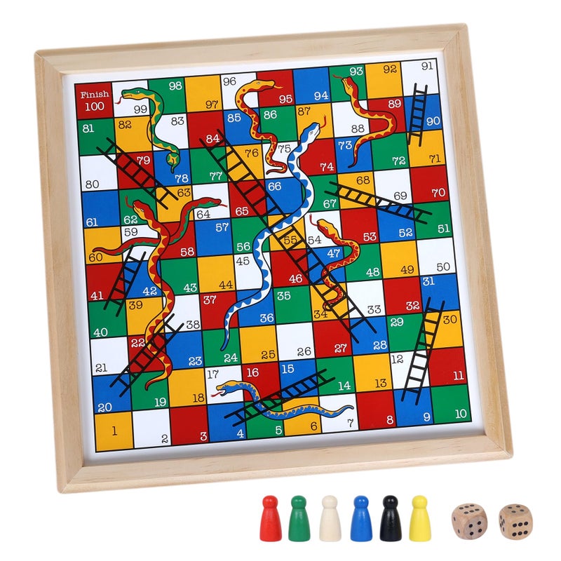 Gothink Wooden Snakes and Ladders Game 13 Inch Educational Board Game for Children Ages 3 and Up Adults Classic Board Game Includes 6 Counters 2 Dice Rules - Image 3