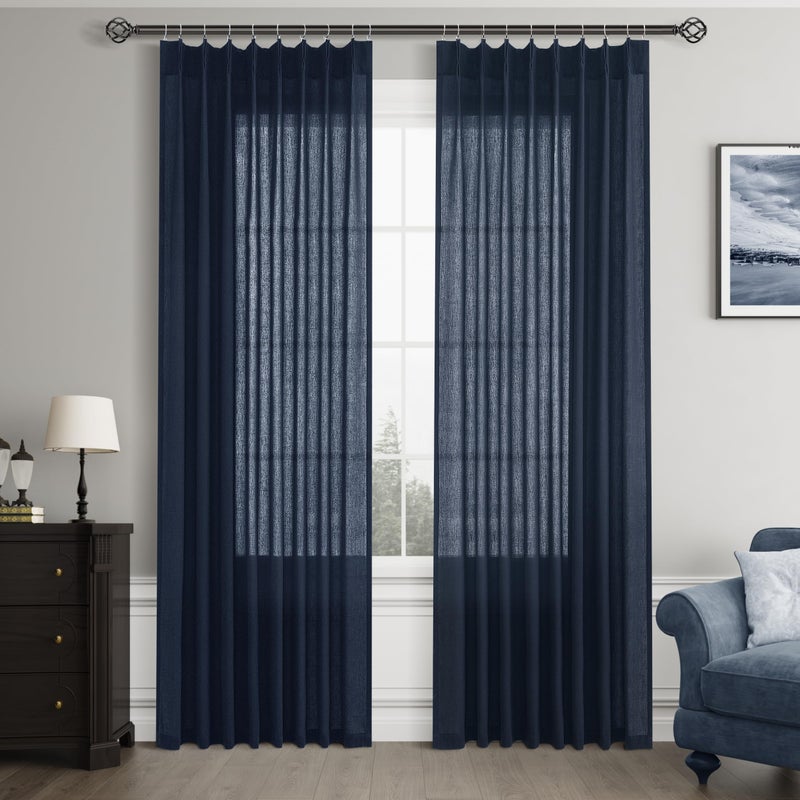 Joywell Linen Pinch Pleated Window Curtains 84 Inch Long Back Tab Clip Rings Semi Sheer Light Filtering Drapes with Hooks for Bedroom Living Room Decor W50 x L84 Navy Blue 2 Panels Set - Image 1