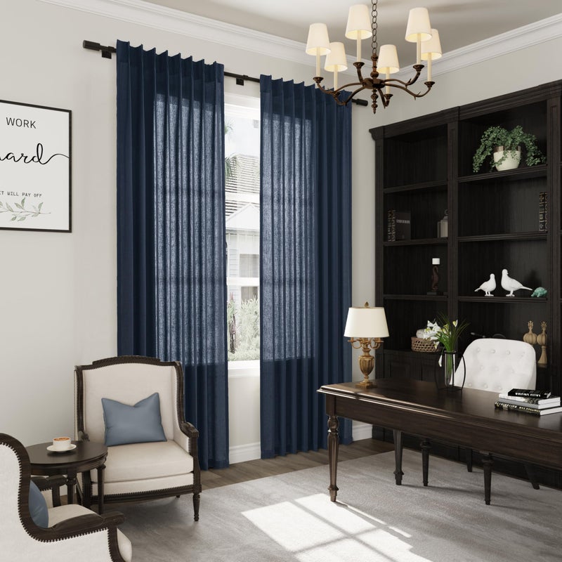 Joywell Linen Pinch Pleated Window Curtains 84 Inch Long Back Tab Clip Rings Semi Sheer Light Filtering Drapes with Hooks for Bedroom Living Room Decor W50 x L84 Navy Blue 2 Panels Set - Image 4