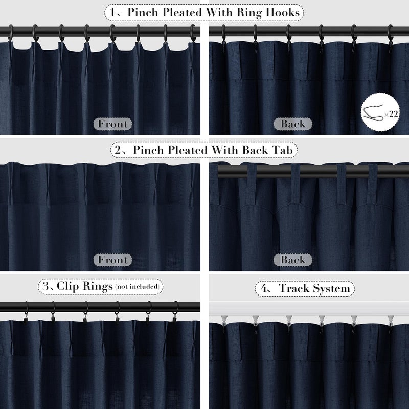 Joywell Linen Pinch Pleated Window Curtains 84 Inch Long Back Tab Clip Rings Semi Sheer Light Filtering Drapes with Hooks for Bedroom Living Room Decor W50 x L84 Navy Blue 2 Panels Set - Image 2