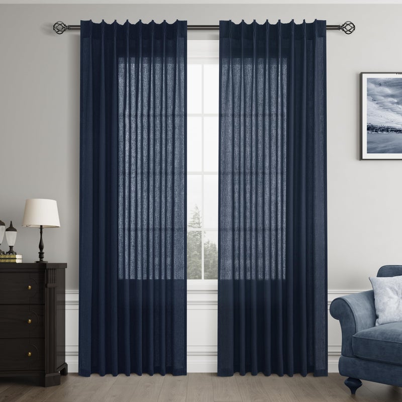 Joywell Linen Pinch Pleated Window Curtains 84 Inch Long Back Tab Clip Rings Semi Sheer Light Filtering Drapes with Hooks for Bedroom Living Room Decor W50 x L84 Navy Blue 2 Panels Set - Image 5