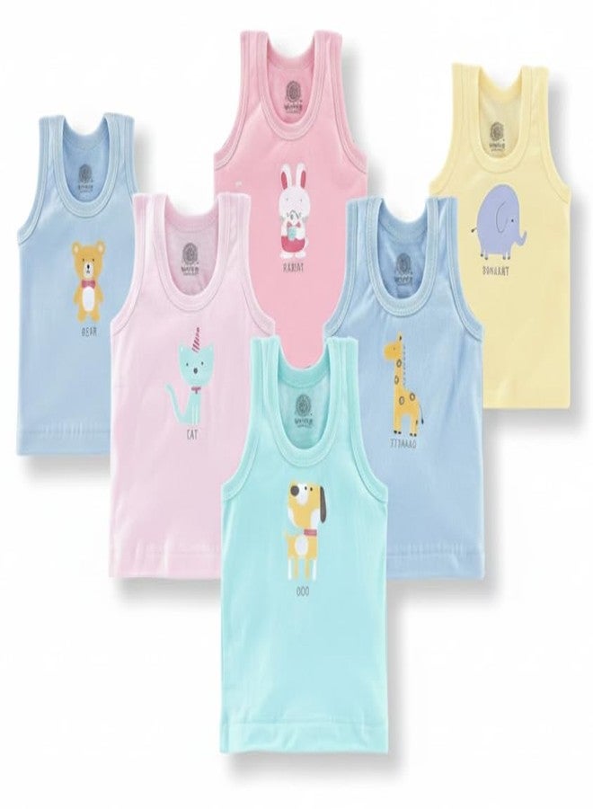 White Bubble Baby Boys & Girls Innerwear | Soft Cotton Sleeveless Ganji Sando Vest Clothing | Pack of 6 Prints | Baniyan for Infant Newborn (in, Age, 4 Months, 6 Months, Regular) Multicolour