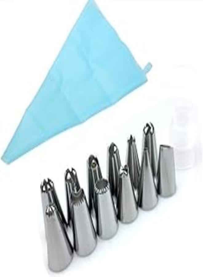 1Pc Silicone Icing Piping Cream Pastry Bag +12PCS Stainless Steel Nozzle Pastry Tips Converter DIY Cake Decorating Tools -Blue