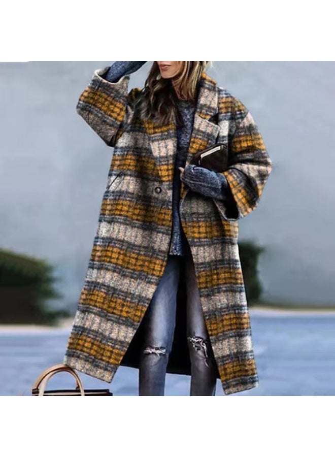 European And American Autumn Women's Clothing, Various Color-blocked Plaid Long-sleeved Lapel Outwears, Printed Dragon And Phoenix Woolen Outwears