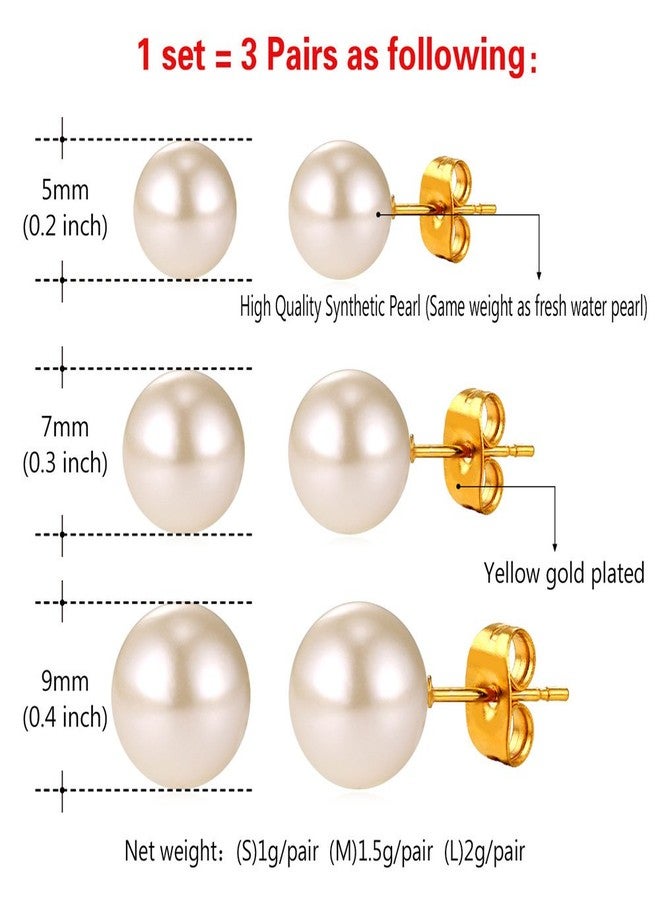 U7 Pearl Earrings for Women 18k Gold Plated Surgical Stainless Steel Post Industrial Ball Stud Earrings 3 Pairs Pack - Image 5