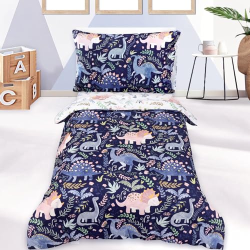 Pea Pod 4 Piece Dinosaur Toddler Bedding Set for Boys, Premium Blue Toddler Comforter Set Crib Sheets Set Includes Flat Top Sheet, Fitted Sheet, Comforter, Envelope Pillowcase,Ultra Soft - Image 1