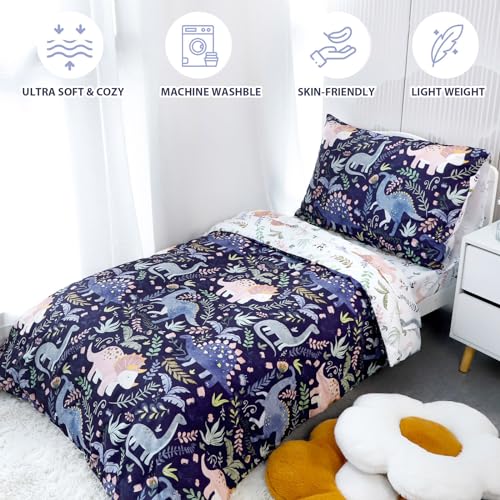 Pea Pod 4 Piece Dinosaur Toddler Bedding Set for Boys, Premium Blue Toddler Comforter Set Crib Sheets Set Includes Flat Top Sheet, Fitted Sheet, Comforter, Envelope Pillowcase,Ultra Soft - Image 4