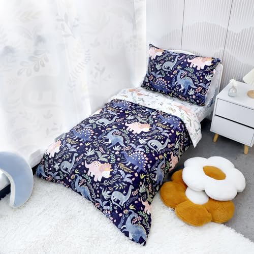 Pea Pod 4 Piece Dinosaur Toddler Bedding Set for Boys, Premium Blue Toddler Comforter Set Crib Sheets Set Includes Flat Top Sheet, Fitted Sheet, Comforter, Envelope Pillowcase,Ultra Soft - Image 2