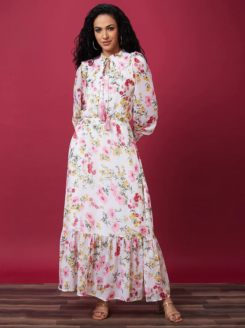 globus Women Floral Printed Tie-Up Neck Gathered Maxi Dress