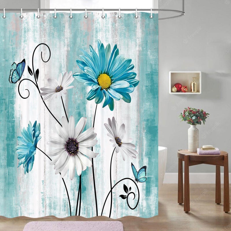 Jawo Teal Daisy Floral Flowers Surtain Farm Farm Rustic Farmhouse and Butterfly on Country Wooden Shower Stain Turquoise Blue Shower مع خطافات 60 × 70 بوصة (البط البري) - Image 1
