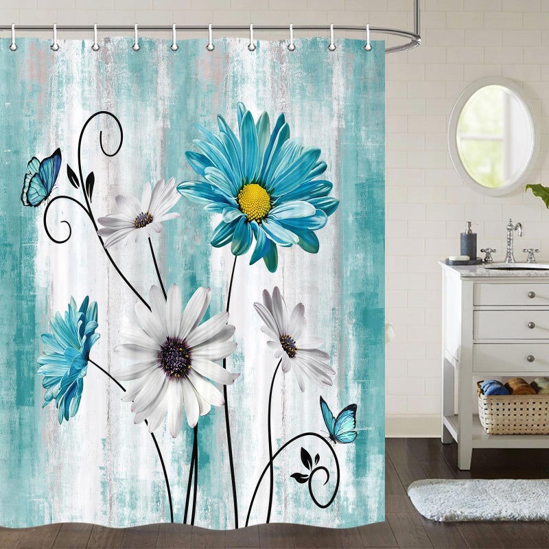 Jawo Teal Daisy Floral Flowers Surtain Farm Farm Rustic Farmhouse and Butterfly on Country Wooden Shower Stain Turquoise Blue Shower مع خطافات 60 × 70 بوصة (البط البري) - Image 2