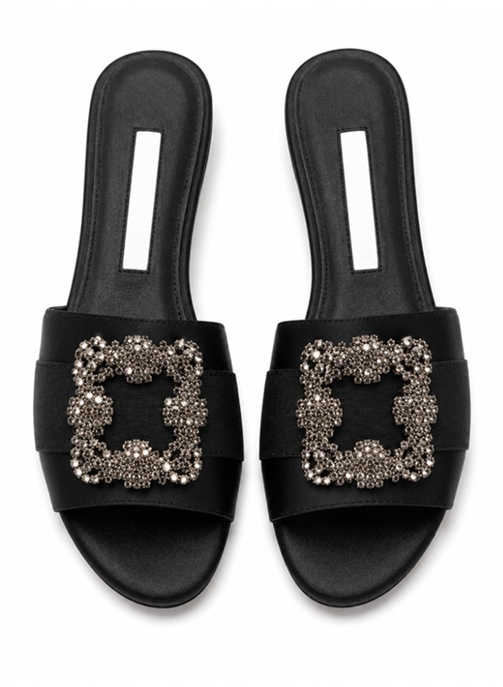 Women Satin Flat Slide Sandals, Rhinestone Square Buckle Open Toe Slip On Mules Summer Casual Outdoor Slippers - Image 1