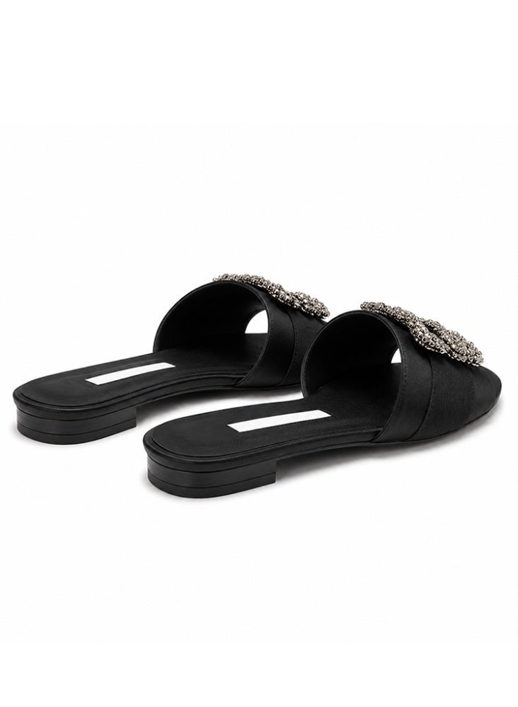 Women Satin Flat Slide Sandals, Rhinestone Square Buckle Open Toe Slip On Mules Summer Casual Outdoor Slippers - Image 3