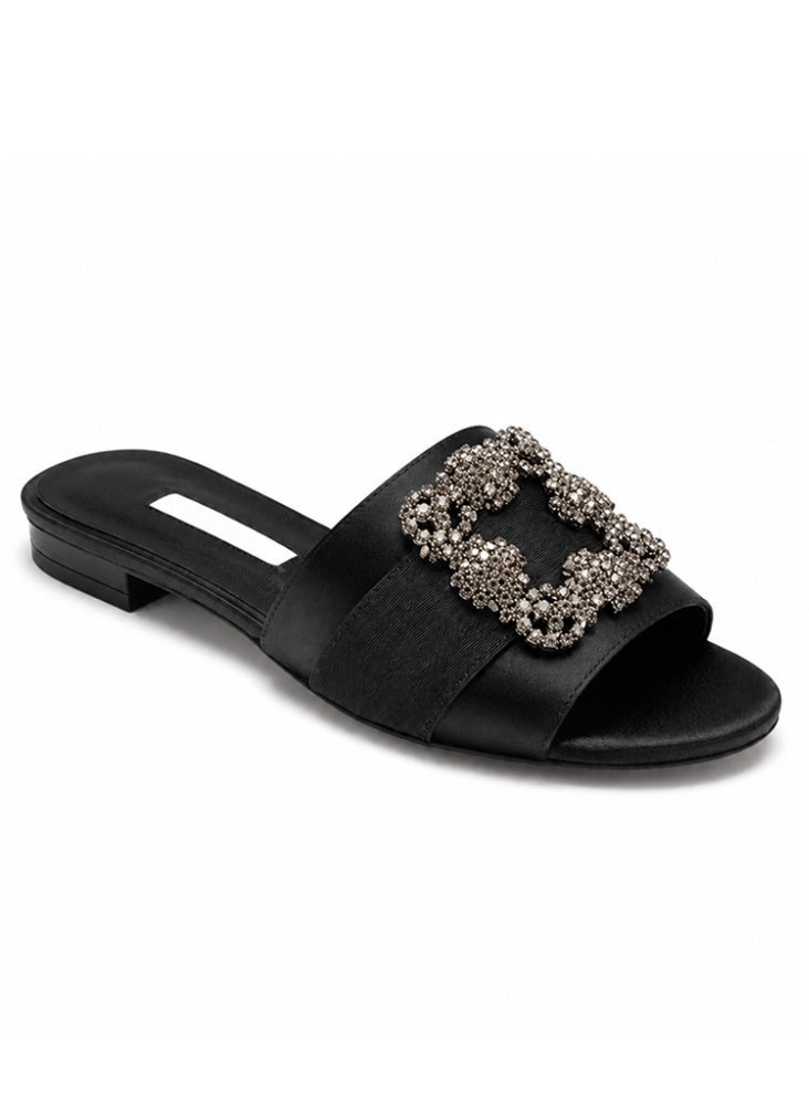 Women Satin Flat Slide Sandals, Rhinestone Square Buckle Open Toe Slip On Mules Summer Casual Outdoor Slippers - Image 2
