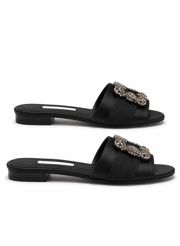Women Satin Flat Slide Sandals, Rhinestone Square Buckle Open Toe Slip On Mules Summer Casual Outdoor Slippers - Image 4