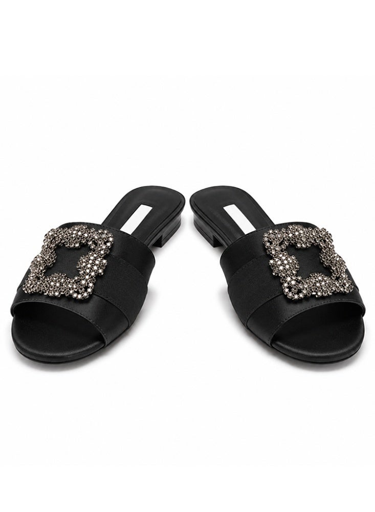 Women Satin Flat Slide Sandals, Rhinestone Square Buckle Open Toe Slip On Mules Summer Casual Outdoor Slippers - Image 5