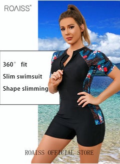 roaiss Women One Piece Swimsuit Color Block Surf Clothes Short Sleeve Swimwear Conservative Beachwear Bathing Suit Sports Suits Jumpsuit  - Image 4