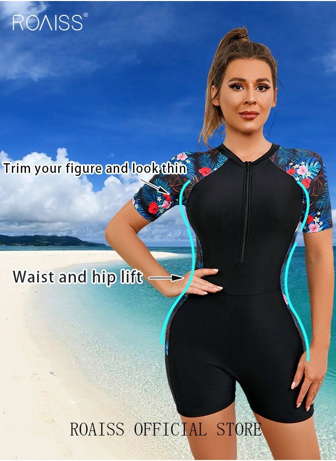 roaiss Women One Piece Swimsuit Color Block Surf Clothes Short Sleeve Swimwear Conservative Beachwear Bathing Suit Sports Suits Jumpsuit  - Image 1