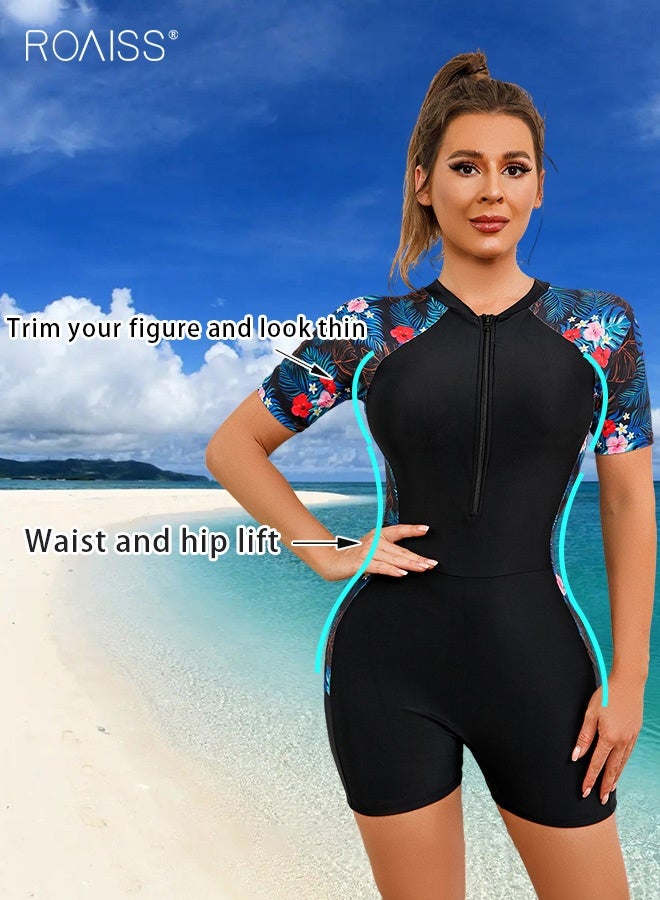 roaiss Women One Piece Swimsuit Color Block Surf Clothes Short Sleeve Swimwear Conservative Beachwear Bathing Suit Sports Suits Jumpsuit Comfortable and Breathable Red Floral - Image 2