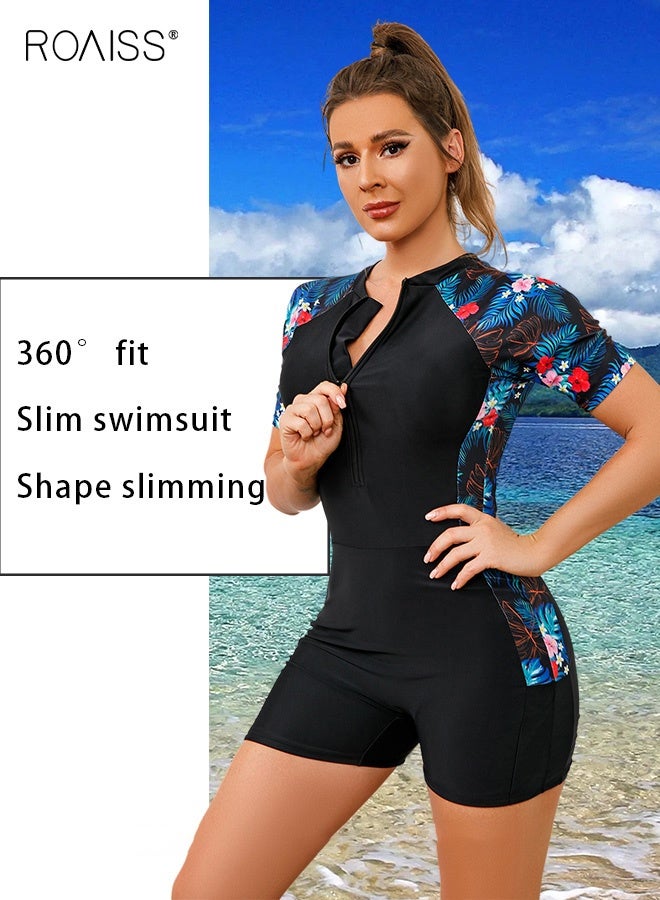 roaiss Women One Piece Swimsuit Color Block Surf Clothes Short Sleeve Swimwear Conservative Beachwear Bathing Suit Sports Suits Jumpsuit Comfortable and Breathable Red Floral - Image 4
